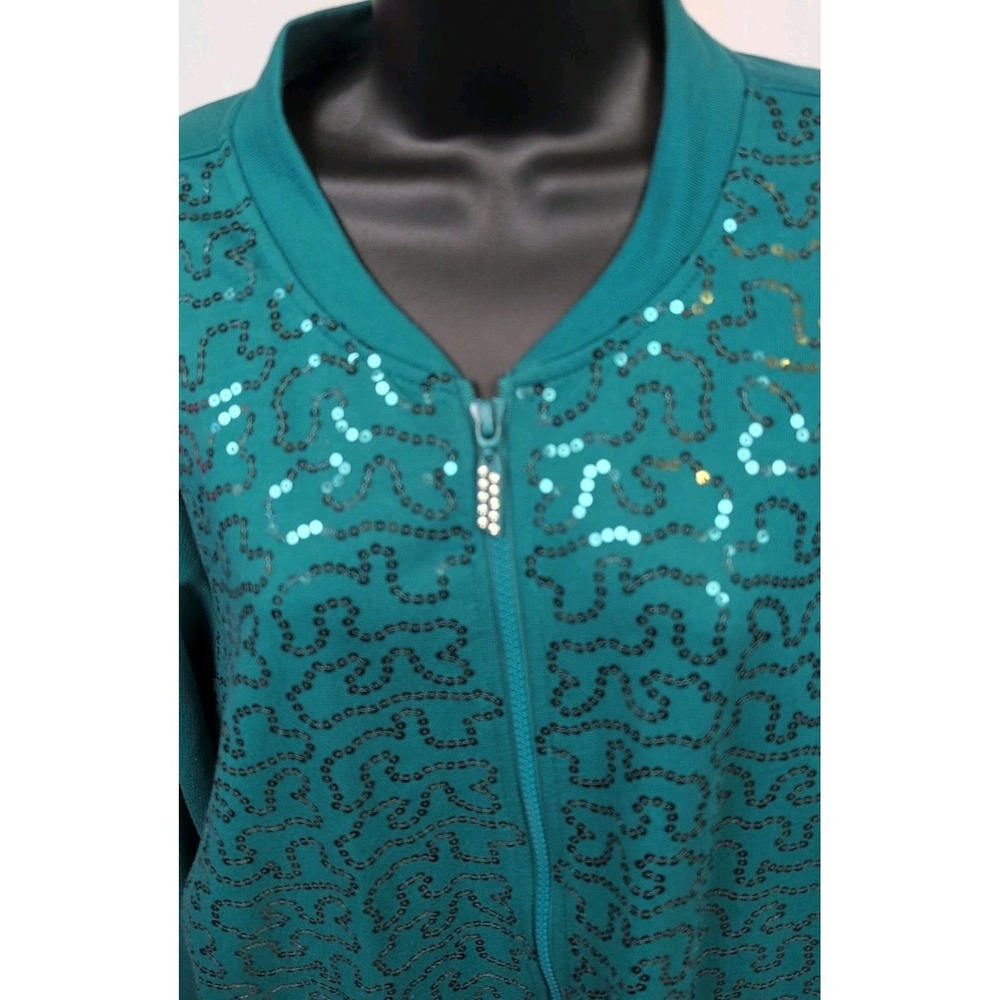 Quacker Factory Zip Up Jacket Sequins Teal Size Large